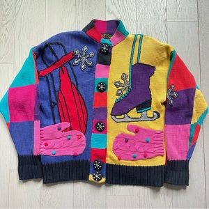 Vintage 1992 Lisa Nichols Colorblock Kidcore Winter Theme Thick Sweater Cardigan